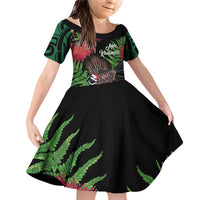 Meri Kirihimete New Zealand Family Matching Off Shoulder Short Dress and Hawaiian Shirt Piwakawaka Koru Fern Mix Pohutukawa LT14 Daughter's Dress Black - Polynesian Pride