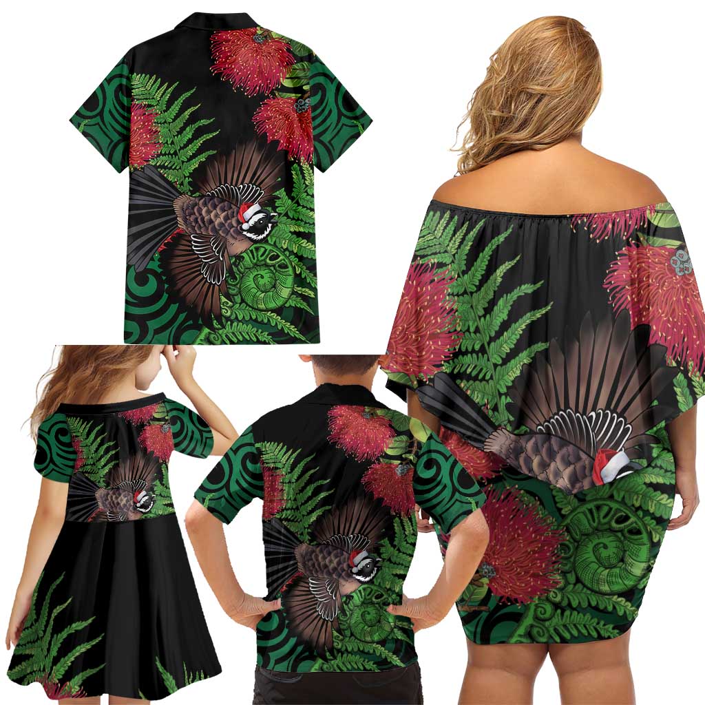 Meri Kirihimete New Zealand Family Matching Off Shoulder Short Dress and Hawaiian Shirt Piwakawaka Koru Fern Mix Pohutukawa LT14 - Polynesian Pride
