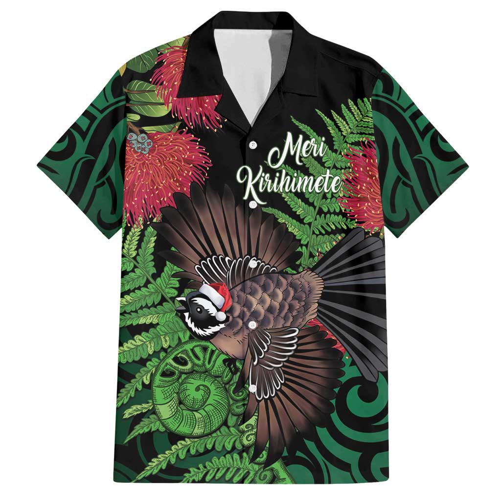 Meri Kirihimete New Zealand Family Matching Off Shoulder Short Dress and Hawaiian Shirt Piwakawaka Koru Fern Mix Pohutukawa LT14 Dad's Shirt - Short Sleeve Black - Polynesian Pride
