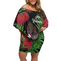 Meri Kirihimete New Zealand Family Matching Off Shoulder Short Dress and Hawaiian Shirt Piwakawaka Koru Fern Mix Pohutukawa LT14 Mom's Dress Black - Polynesian Pride