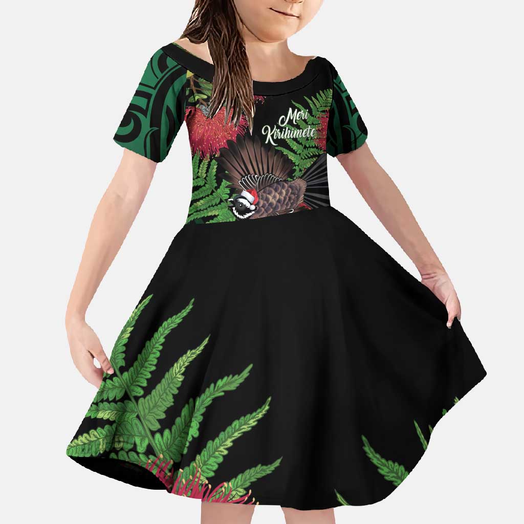 Meri Kirihimete New Zealand Family Matching Summer Maxi Dress and Hawaiian Shirt Piwakawaka Koru Fern Mix Pohutukawa LT14 Daughter's Dress Black - Polynesian Pride