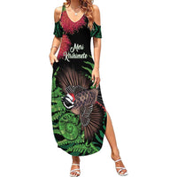 Meri Kirihimete New Zealand Family Matching Summer Maxi Dress and Hawaiian Shirt Piwakawaka Koru Fern Mix Pohutukawa LT14 Mom's Dress Black - Polynesian Pride