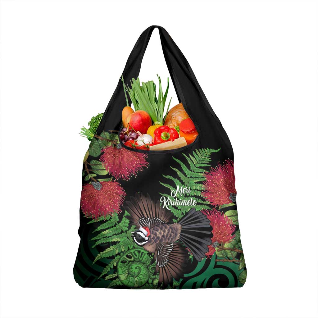Meri Kirihimete New Zealand Grocery Bag Piwakawaka Koru Fern Mix Pohutukawa LT14 1-pack One Size Black - Polynesian Pride
