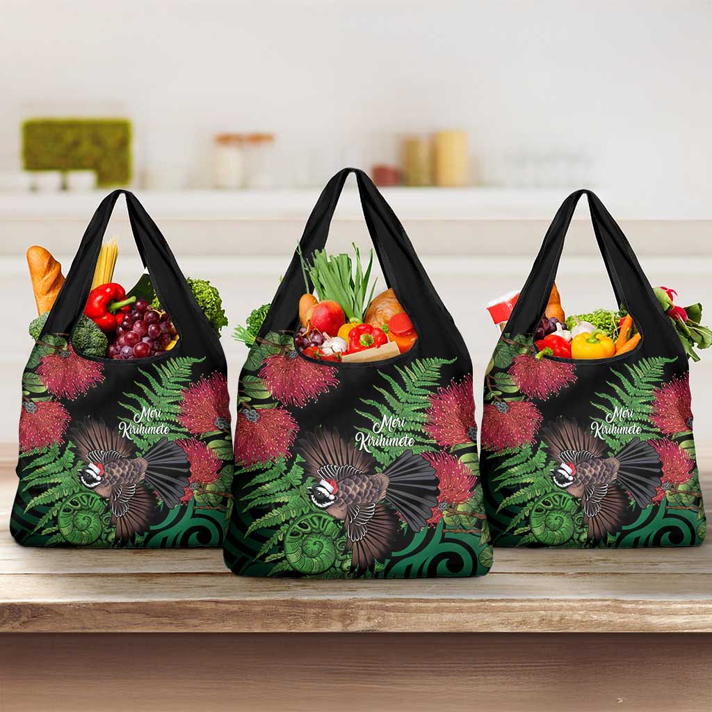 Meri Kirihimete New Zealand Grocery Bag Piwakawaka Koru Fern Mix Pohutukawa LT14 3-pack One Size Black - Polynesian Pride