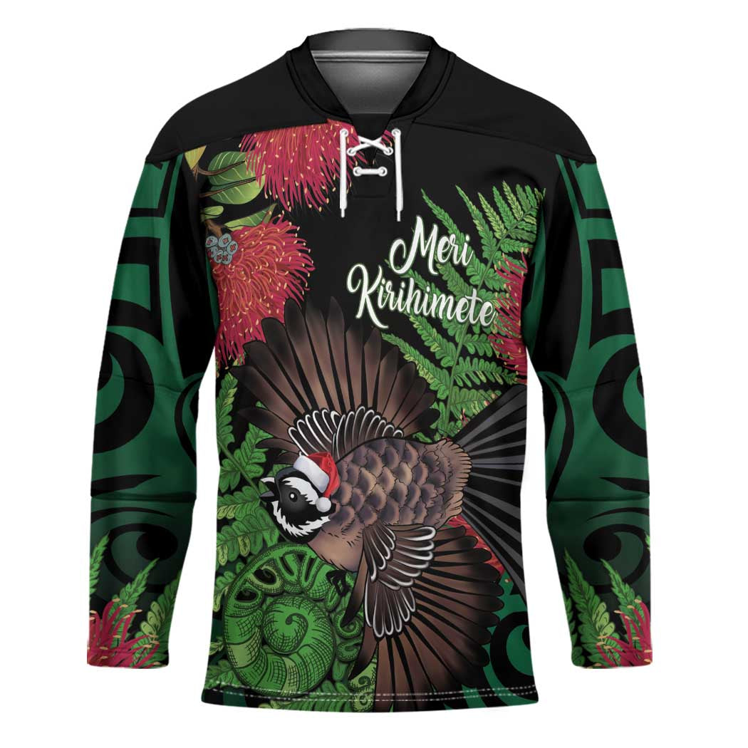 Meri Kirihimete New Zealand Hockey Jersey Piwakawaka Koru Fern Mix Pohutukawa LT14 Unisex Black - Polynesian Pride