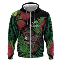 Meri Kirihimete New Zealand Hoodie Piwakawaka Koru Fern Mix Pohutukawa LT14 Zip Hoodie Black - Polynesian Pride