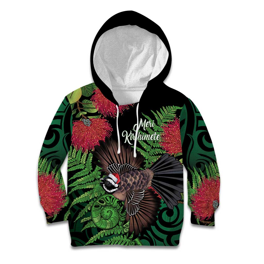 Meri Kirihimete New Zealand Kid Hoodie Piwakawaka Koru Fern Mix Pohutukawa LT14 Hoodie Black - Polynesian Pride