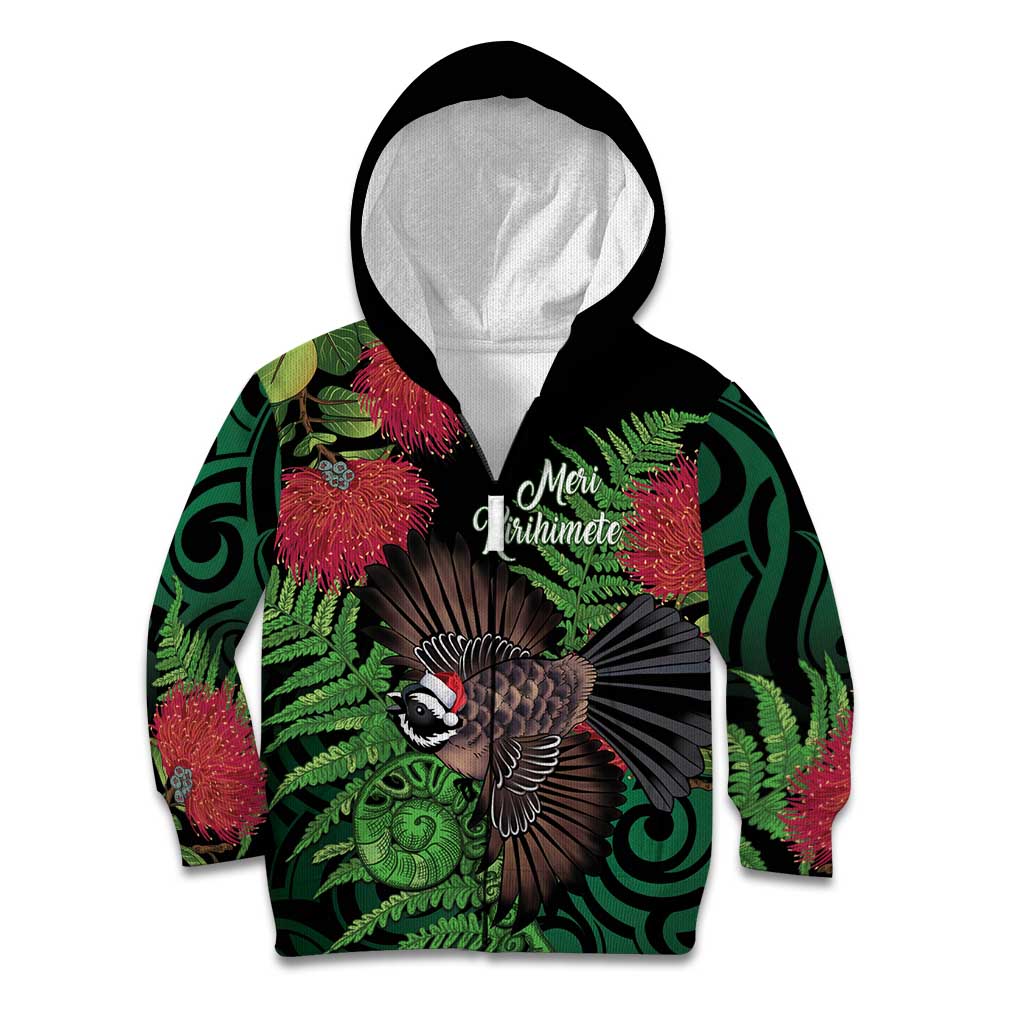 Meri Kirihimete New Zealand Kid Hoodie Piwakawaka Koru Fern Mix Pohutukawa LT14 Zip Hoodie Black - Polynesian Pride