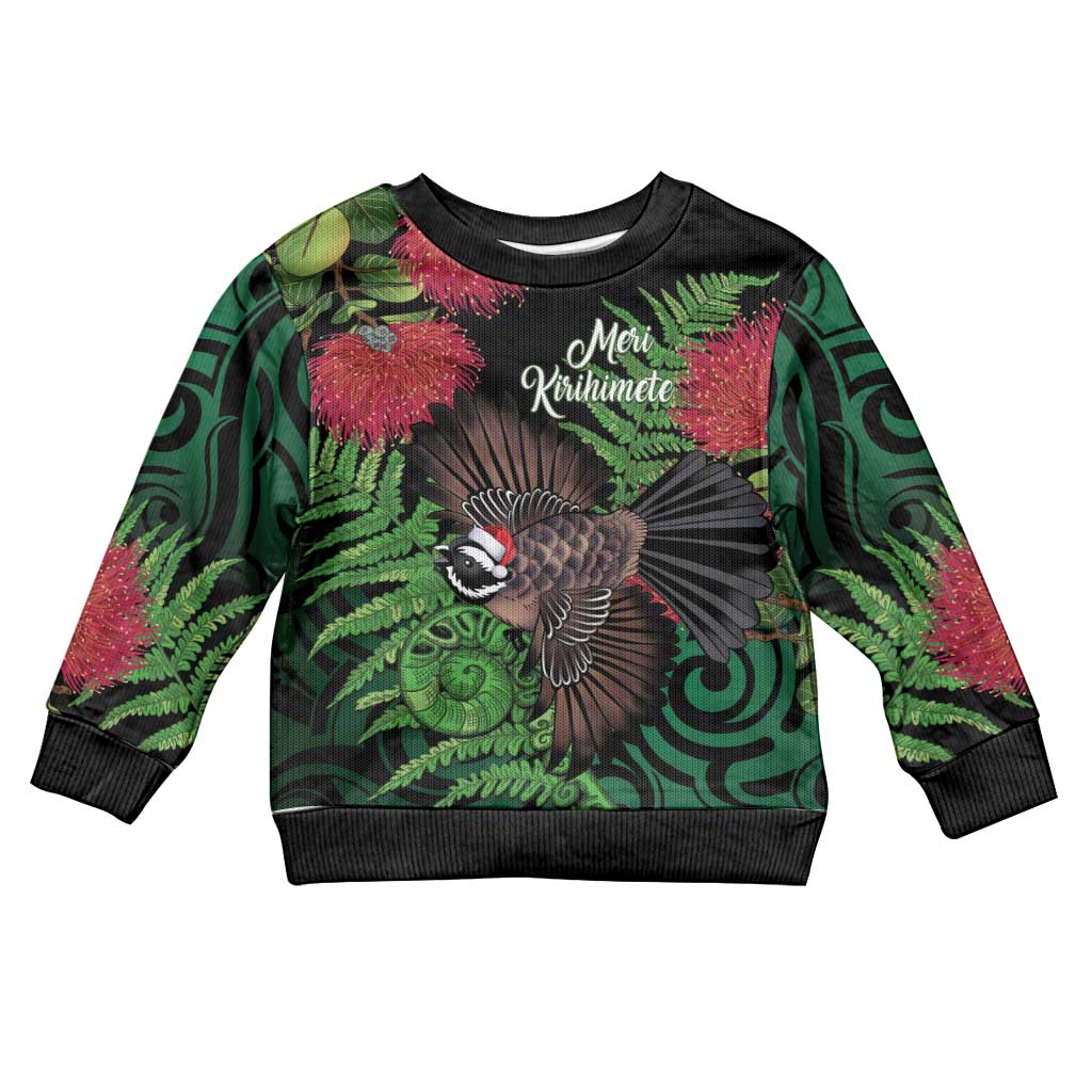 Meri Kirihimete New Zealand Kid Ugly Christmas Sweater Piwakawaka Koru Fern Mix Pohutukawa LT14 Kid Black - Polynesian Pride