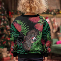 Meri Kirihimete New Zealand Kid Ugly Christmas Sweater Piwakawaka Koru Fern Mix Pohutukawa LT14 - Polynesian Pride