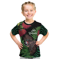 Meri Kirihimete New Zealand Kid T Shirt Piwakawaka Koru Fern Mix Pohutukawa LT14 Black - Polynesian Pride