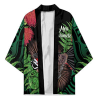 Meri Kirihimete New Zealand Kimono Piwakawaka Koru Fern Mix Pohutukawa LT14 Unisex Black - Polynesian Pride
