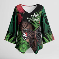 Meri Kirihimete New Zealand Kimono Sleeve Blouse Piwakawaka Koru Fern Mix Pohutukawa LT14 Female Black - Polynesian Pride