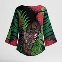 Meri Kirihimete New Zealand Kimono Sleeve Blouse Piwakawaka Koru Fern Mix Pohutukawa LT14 - Polynesian Pride