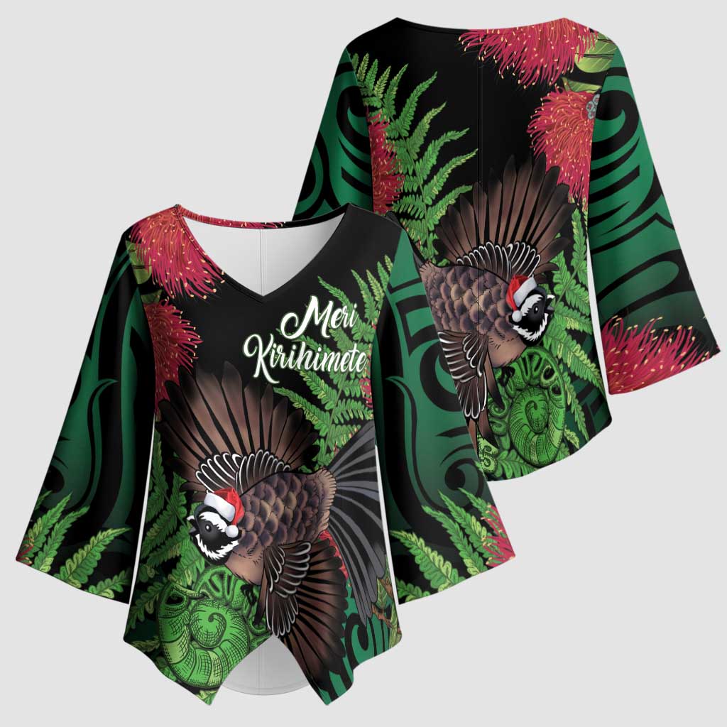 Meri Kirihimete New Zealand Kimono Sleeve Blouse Piwakawaka Koru Fern Mix Pohutukawa LT14 - Polynesian Pride