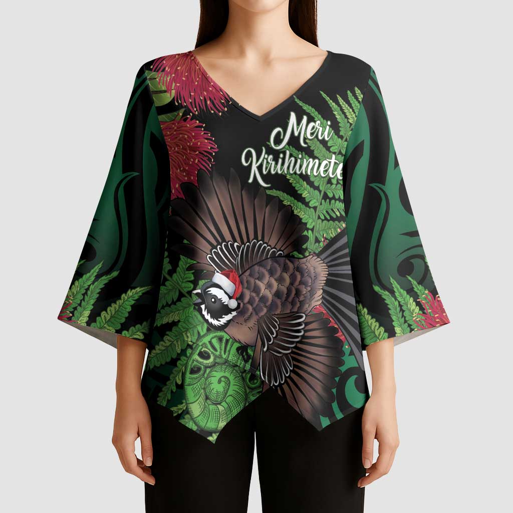 Meri Kirihimete New Zealand Kimono Sleeve Blouse Piwakawaka Koru Fern Mix Pohutukawa LT14 - Polynesian Pride