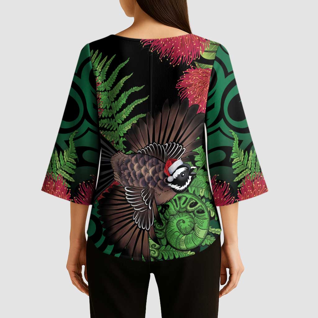 Meri Kirihimete New Zealand Kimono Sleeve Blouse Piwakawaka Koru Fern Mix Pohutukawa LT14 - Polynesian Pride