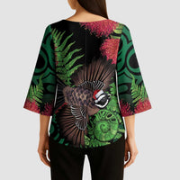 Meri Kirihimete New Zealand Kimono Sleeve Blouse Piwakawaka Koru Fern Mix Pohutukawa LT14 - Polynesian Pride