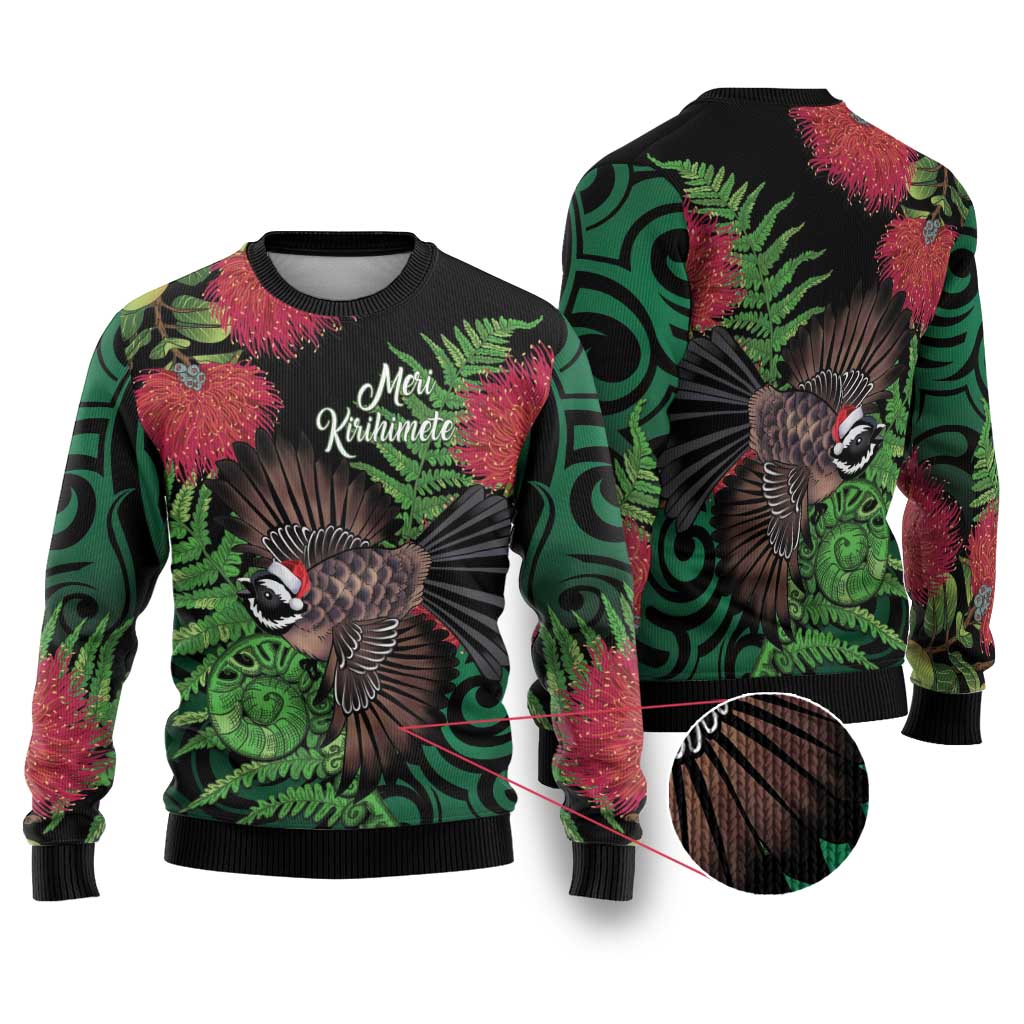 Meri Kirihimete New Zealand Ugly Christmas Sweater Piwakawaka Koru Fern Mix Pohutukawa LT14 Black - Polynesian Pride