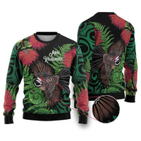 Meri Kirihimete New Zealand Ugly Christmas Sweater Piwakawaka Koru Fern Mix Pohutukawa LT14 Black - Polynesian Pride
