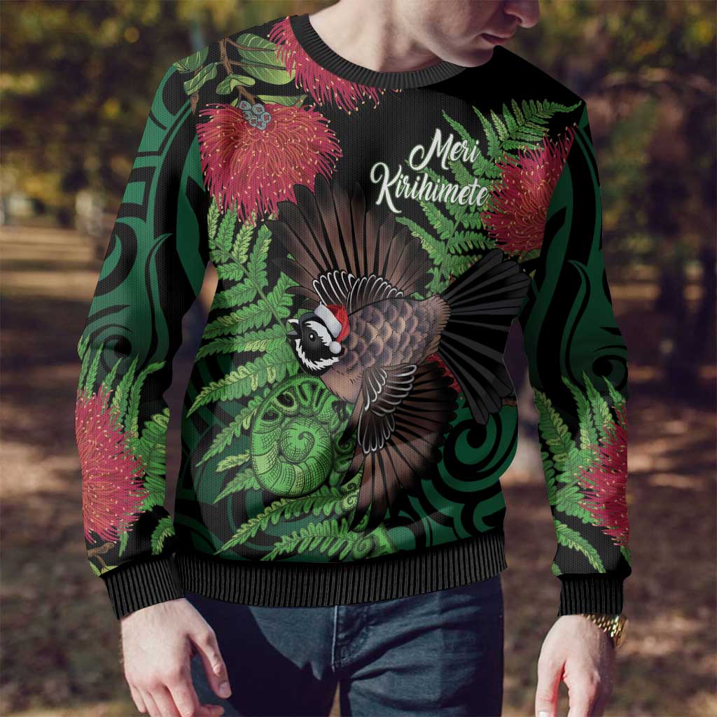 Meri Kirihimete New Zealand Ugly Christmas Sweater Piwakawaka Koru Fern Mix Pohutukawa LT14 - Polynesian Pride