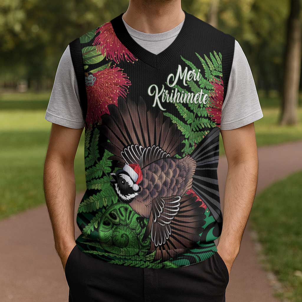 Meri Kirihimete New Zealand Christmas Knitted V-Neck Vest Piwakawaka Koru Fern Mix Pohutukawa LT14 - Polynesian Pride