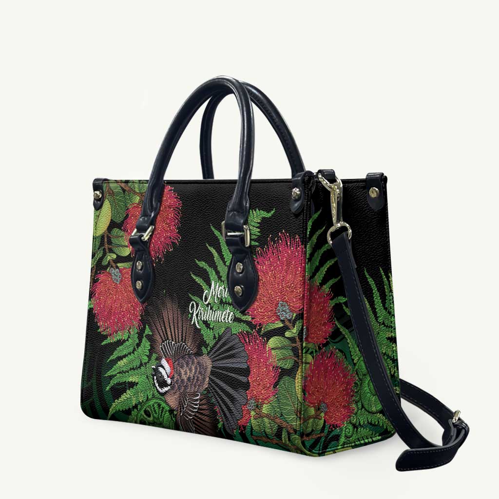 Meri Kirihimete New Zealand Leather Bag Piwakawaka Koru Fern Mix Pohutukawa LT14 Black - Polynesian Pride