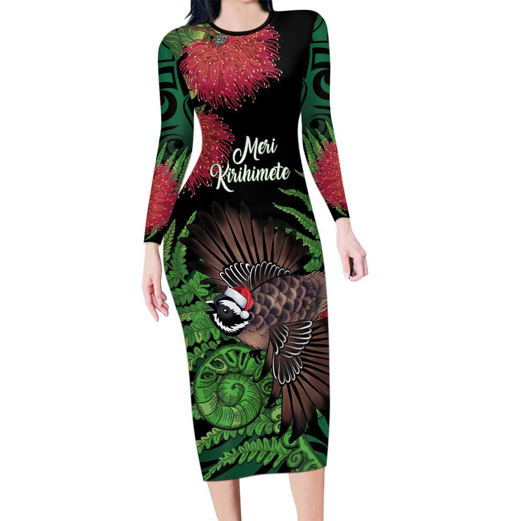 Meri Kirihimete New Zealand Long Sleeve Bodycon Dress Piwakawaka Koru Fern Mix Pohutukawa LT14 Long Dress Black - Polynesian Pride