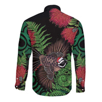 Meri Kirihimete New Zealand Long Sleeve Button Shirt Piwakawaka Koru Fern Mix Pohutukawa - Polynesian Pride
