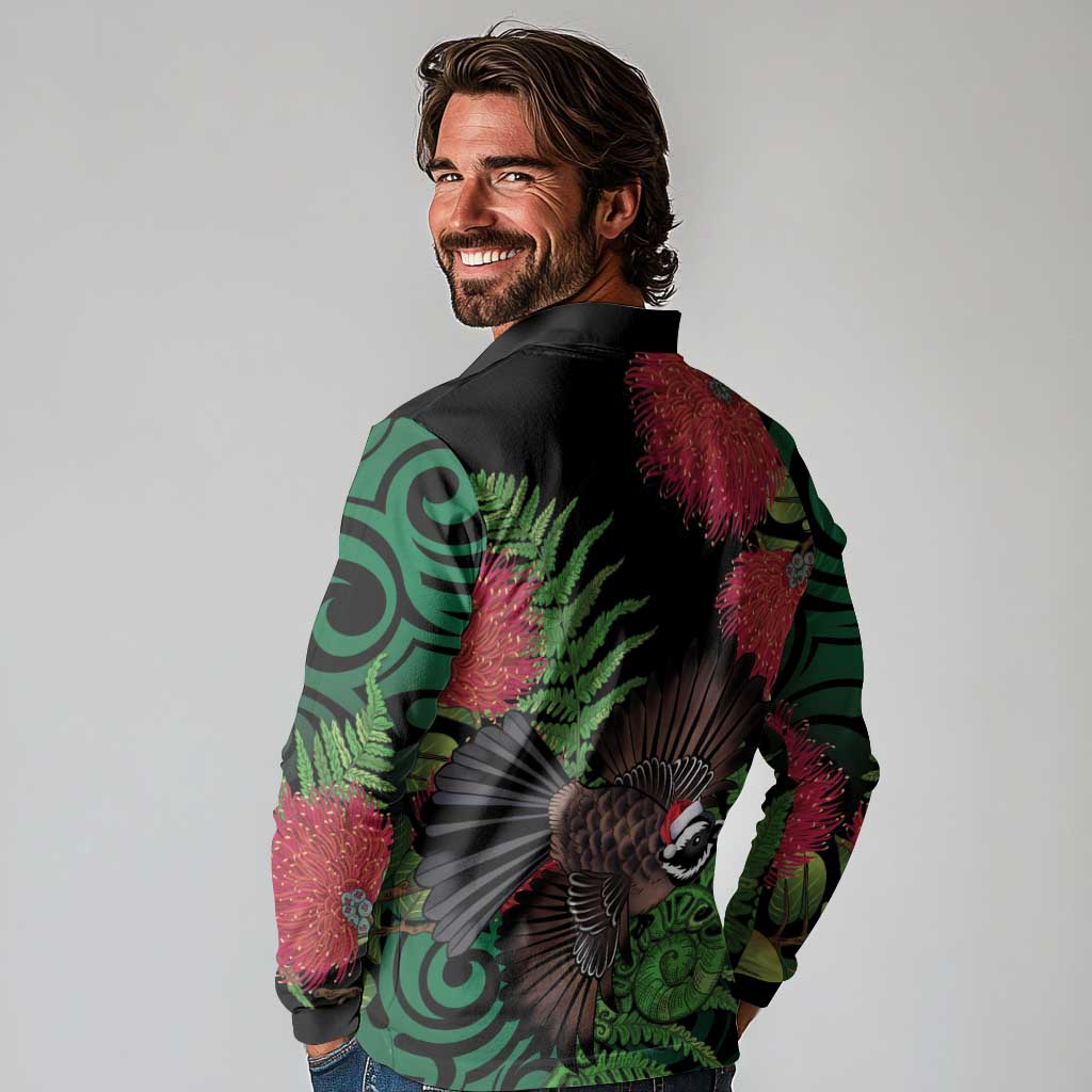 Meri Kirihimete New Zealand Long Sleeve Polo Shirt Piwakawaka Koru Fern Mix Pohutukawa - Polynesian Pride