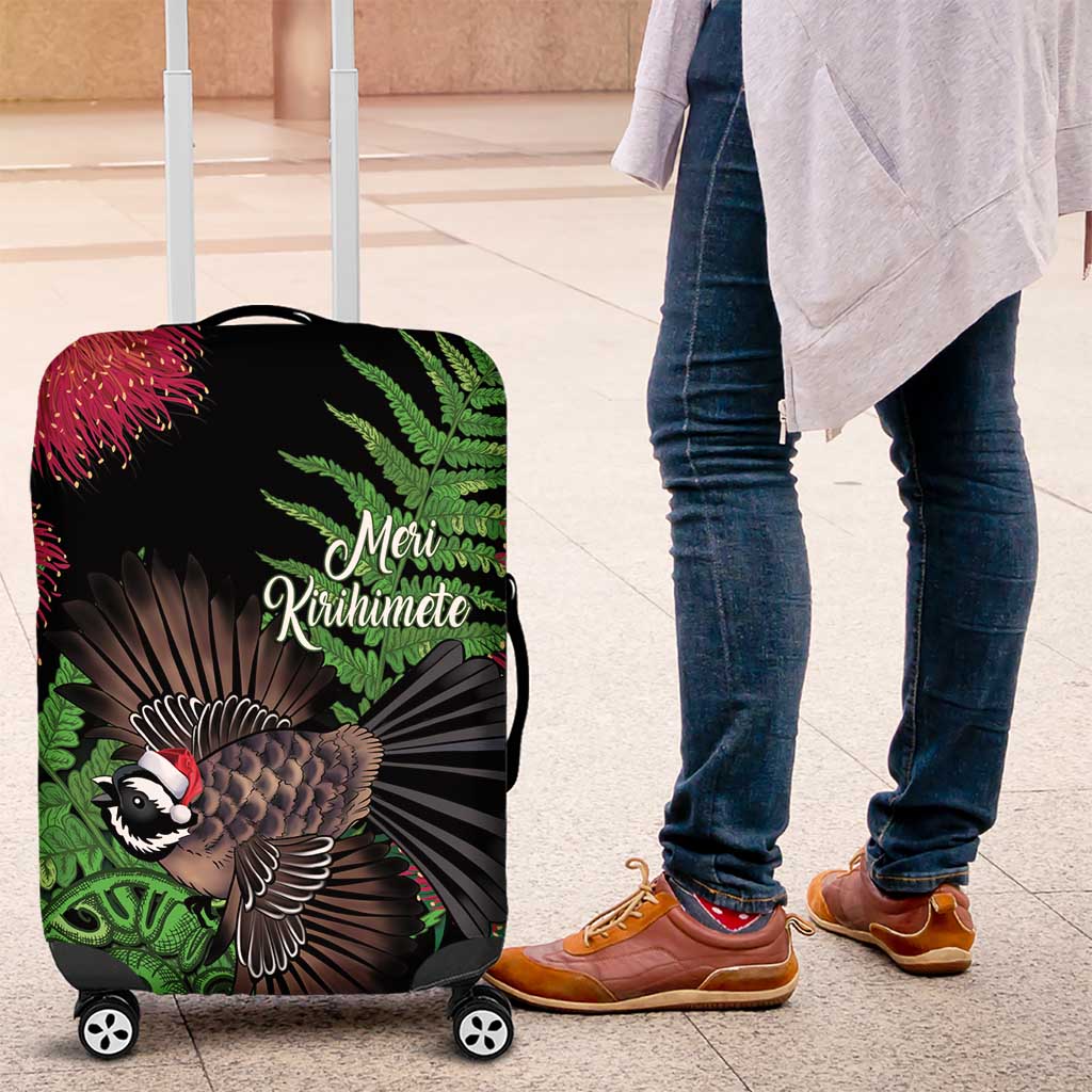 Meri Kirihimete New Zealand Luggage Cover Piwakawaka Koru Fern Mix Pohutukawa LT14 Black - Polynesian Pride