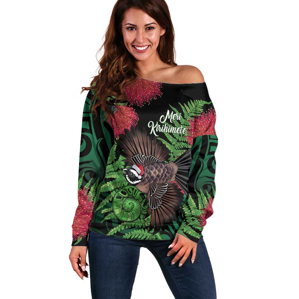 Meri Kirihimete New Zealand Off Shoulder Sweater Piwakawaka Koru Fern Mix Pohutukawa LT14 Women Black - Polynesian Pride