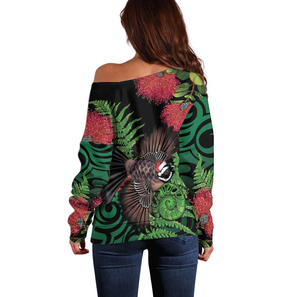 Meri Kirihimete New Zealand Off Shoulder Sweater Piwakawaka Koru Fern Mix Pohutukawa LT14 - Polynesian Pride