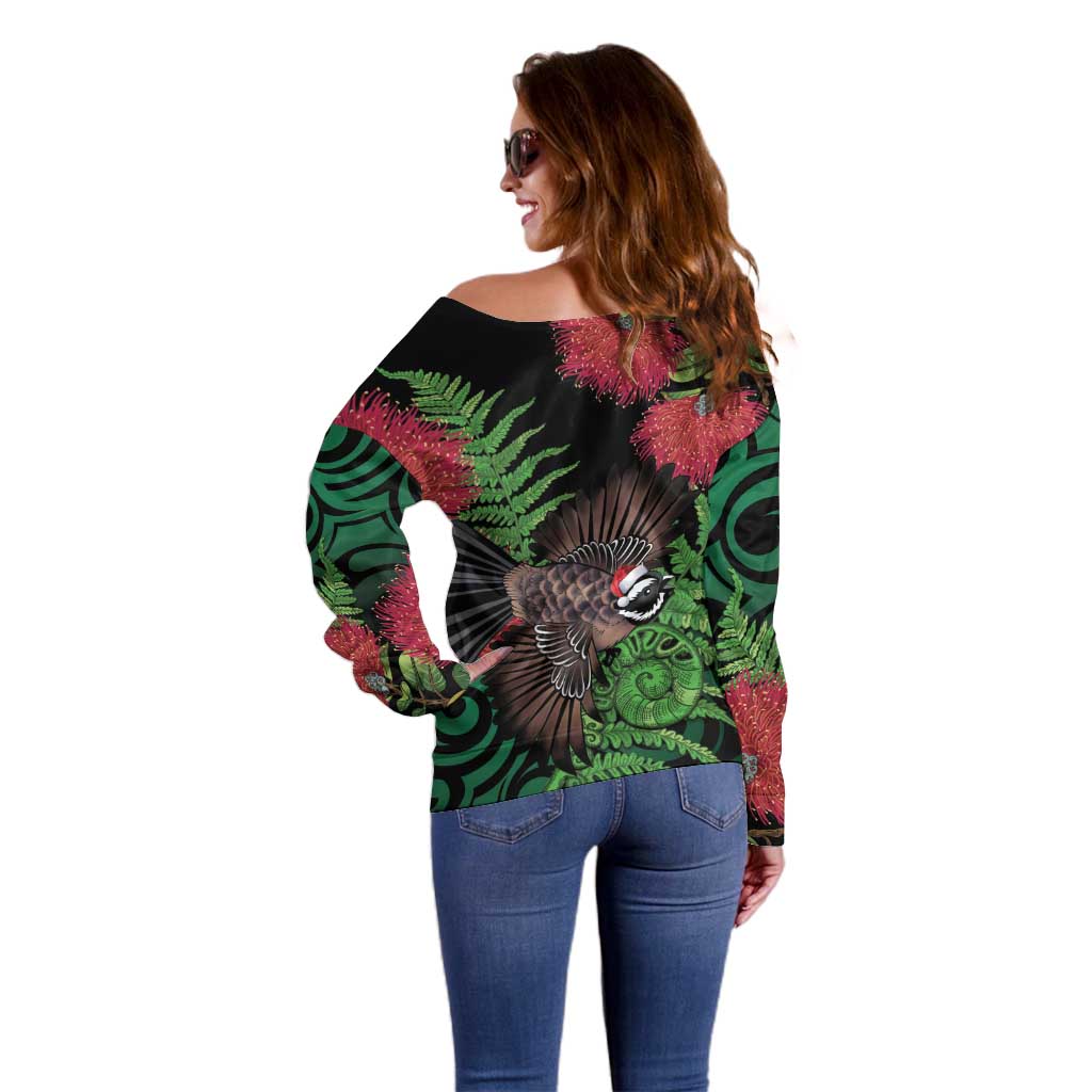 Meri Kirihimete New Zealand Off Shoulder Sweater Piwakawaka Koru Fern Mix Pohutukawa LT14 - Polynesian Pride