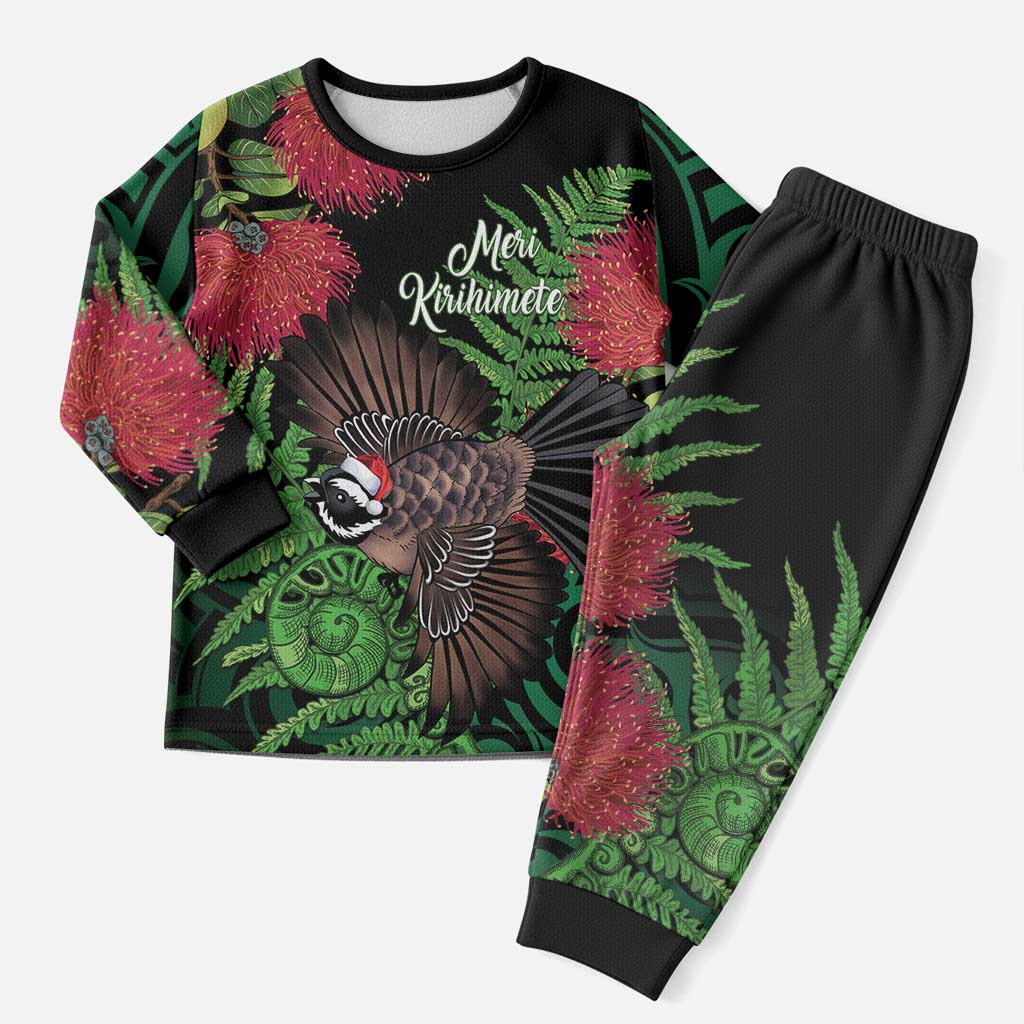 Meri Kirihimete New Zealand Christmas Pajama Set Piwakawaka Koru Fern Mix Pohutukawa LT14 Men Black - Polynesian Pride