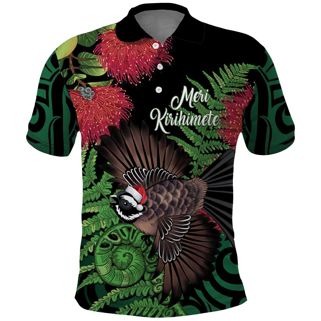 Meri Kirihimete New Zealand Polo Shirt Piwakawaka Koru Fern Mix Pohutukawa - Polynesian Pride