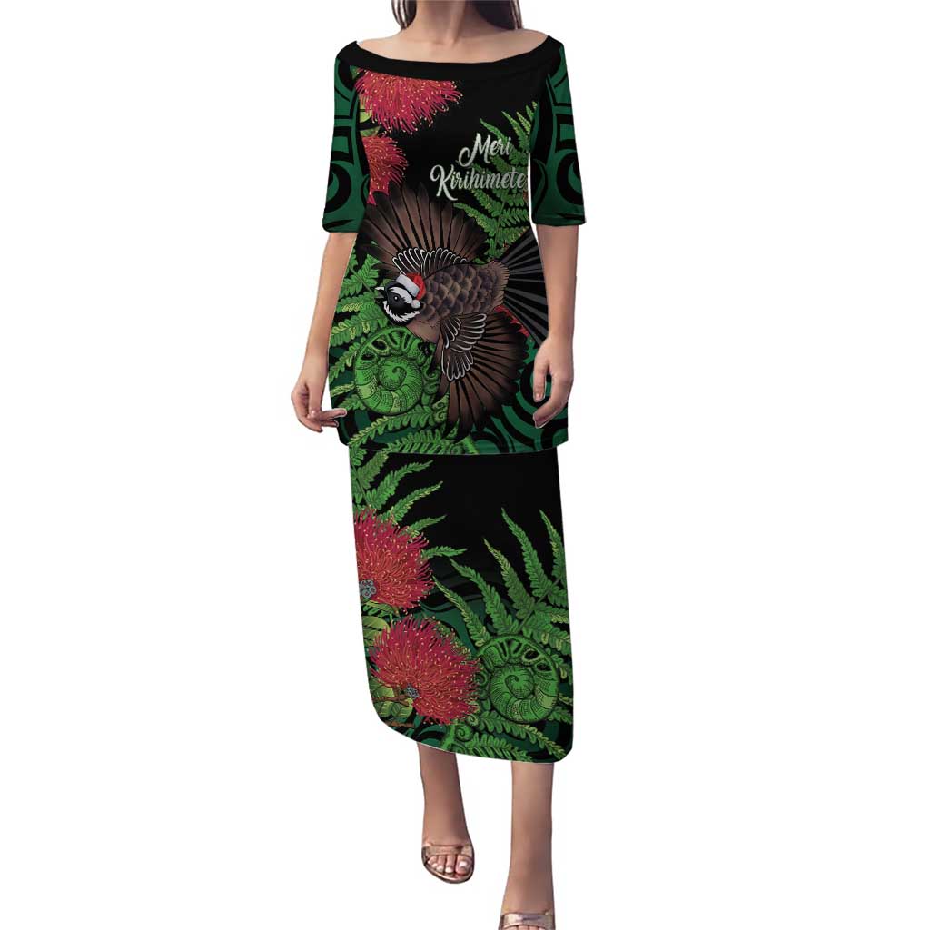 Meri Kirihimete New Zealand Puletasi Piwakawaka Koru Fern Mix Pohutukawa LT14 Long Dress Black - Polynesian Pride