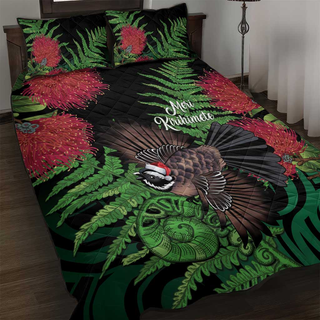 Meri Kirihimete New Zealand Quilt Bed Set Piwakawaka Koru Fern Mix Pohutukawa LT14 Black - Polynesian Pride