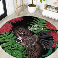 Meri Kirihimete New Zealand Round Carpet Piwakawaka Koru Fern Mix Pohutukawa LT14 Black - Polynesian Pride