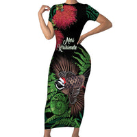 Meri Kirihimete New Zealand Short Sleeve Bodycon Dress Piwakawaka Koru Fern Mix Pohutukawa LT14 Long Dress Black - Polynesian Pride