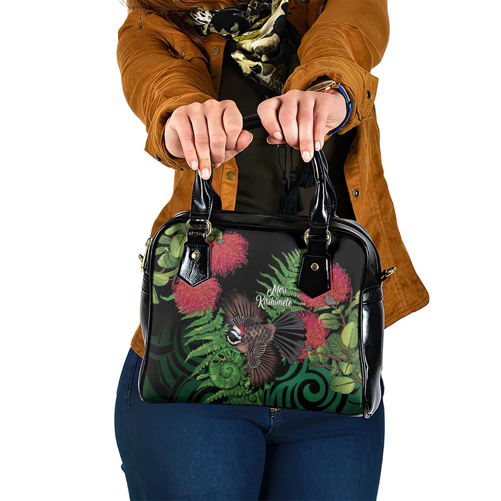 Meri Kirihimete New Zealand Shoulder Handbag Piwakawaka Koru Fern Mix Pohutukawa LT14 One Size Black - Polynesian Pride