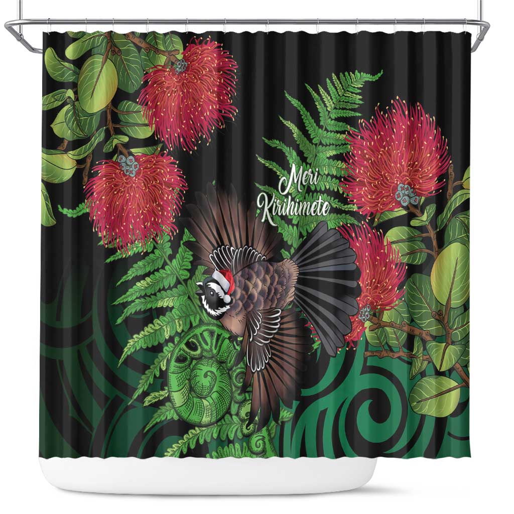 Meri Kirihimete New Zealand Shower Curtain Piwakawaka Koru Fern Mix Pohutukawa LT14 Black - Polynesian Pride