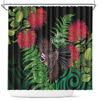 Meri Kirihimete New Zealand Shower Curtain Piwakawaka Koru Fern Mix Pohutukawa LT14 Black - Polynesian Pride