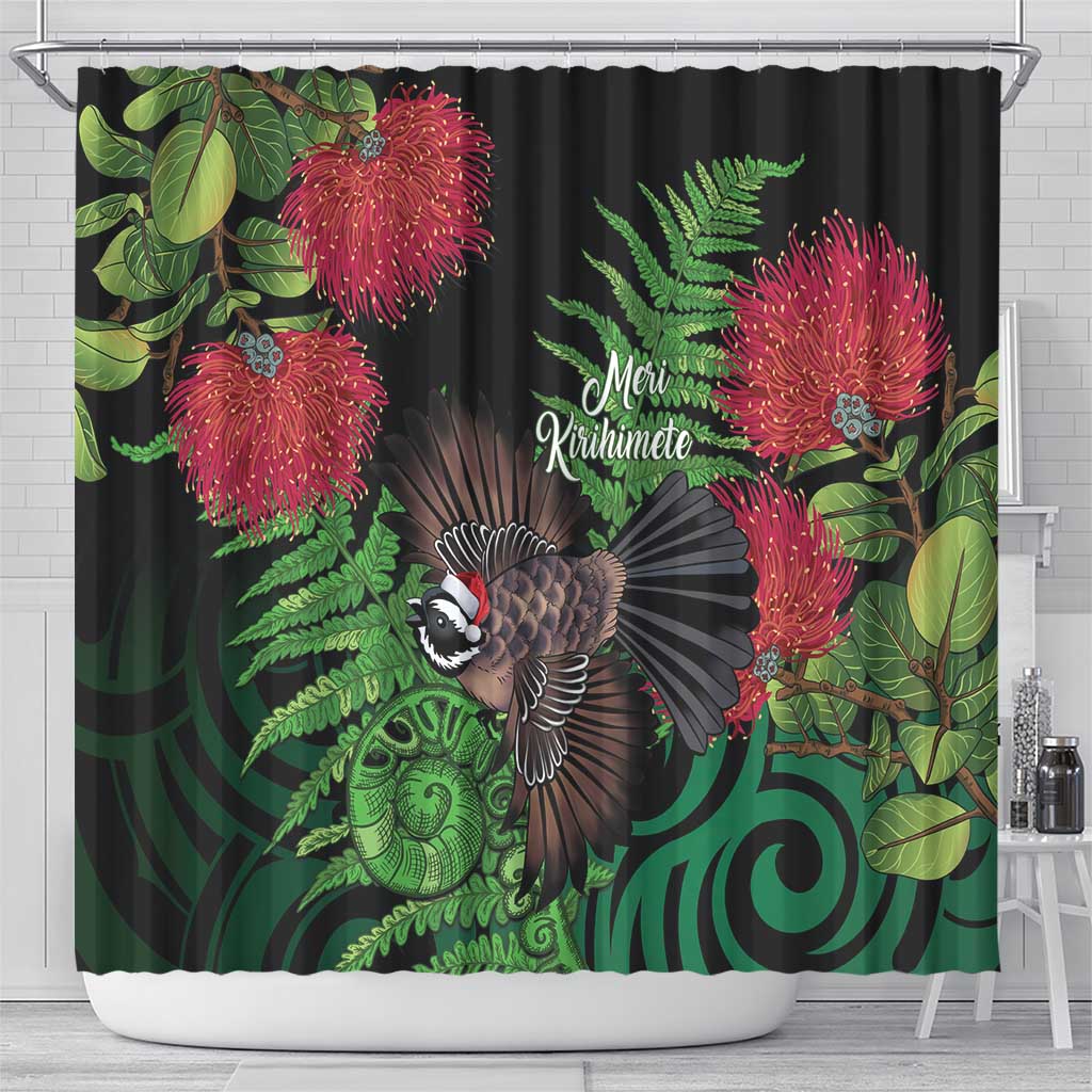 Meri Kirihimete New Zealand Shower Curtain Piwakawaka Koru Fern Mix Pohutukawa LT14 - Polynesian Pride