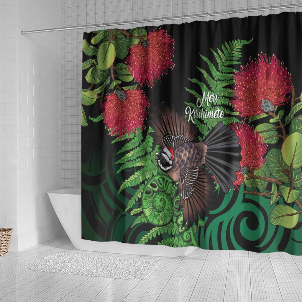 Meri Kirihimete New Zealand Shower Curtain Piwakawaka Koru Fern Mix Pohutukawa LT14 - Polynesian Pride