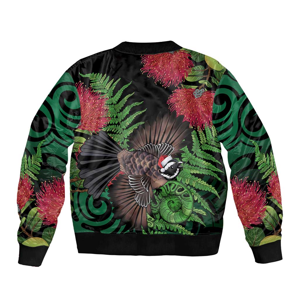 Meri Kirihimete New Zealand Sleeve Zip Bomber Jacket Piwakawaka Koru Fern Mix Pohutukawa LT14 - Polynesian Pride