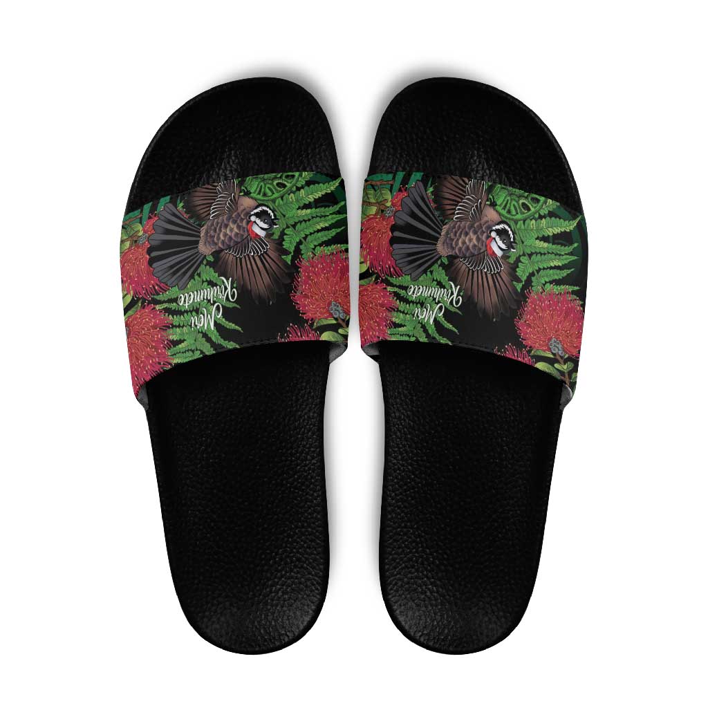 Meri Kirihimete New Zealand Slide Sandals Piwakawaka Koru Fern Mix Pohutukawa LT14 Black - Polynesian Pride