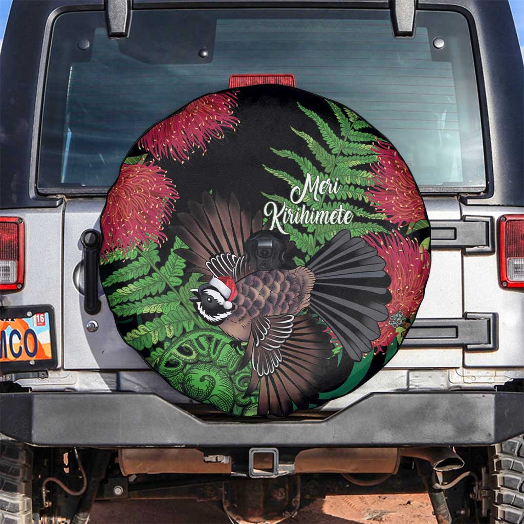 Meri Kirihimete New Zealand Spare Tire Cover Piwakawaka Koru Fern Mix Pohutukawa LT14 Black - Polynesian Pride