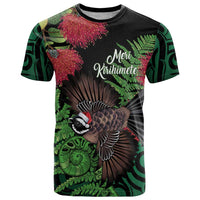 Meri Kirihimete New Zealand T Shirt Piwakawaka Koru Fern Mix Pohutukawa LT14 Black - Polynesian Pride