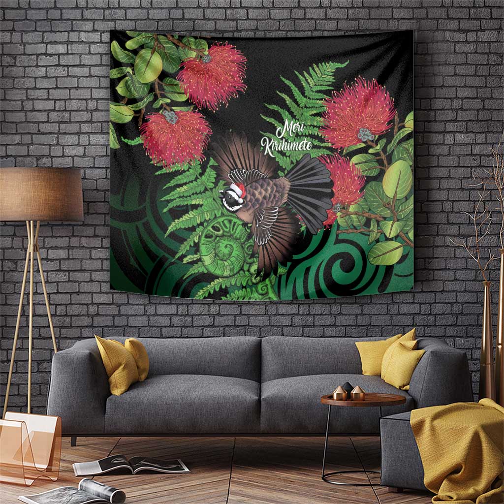 Meri Kirihimete New Zealand Tapestry Piwakawaka Koru Fern Mix Pohutukawa LT14 Black - Polynesian Pride